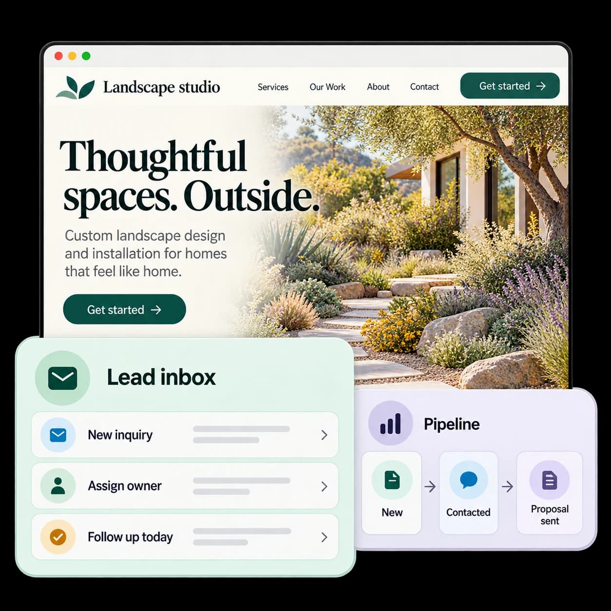 Illustrative landscape website with CRM lead inbox and pipeline cards