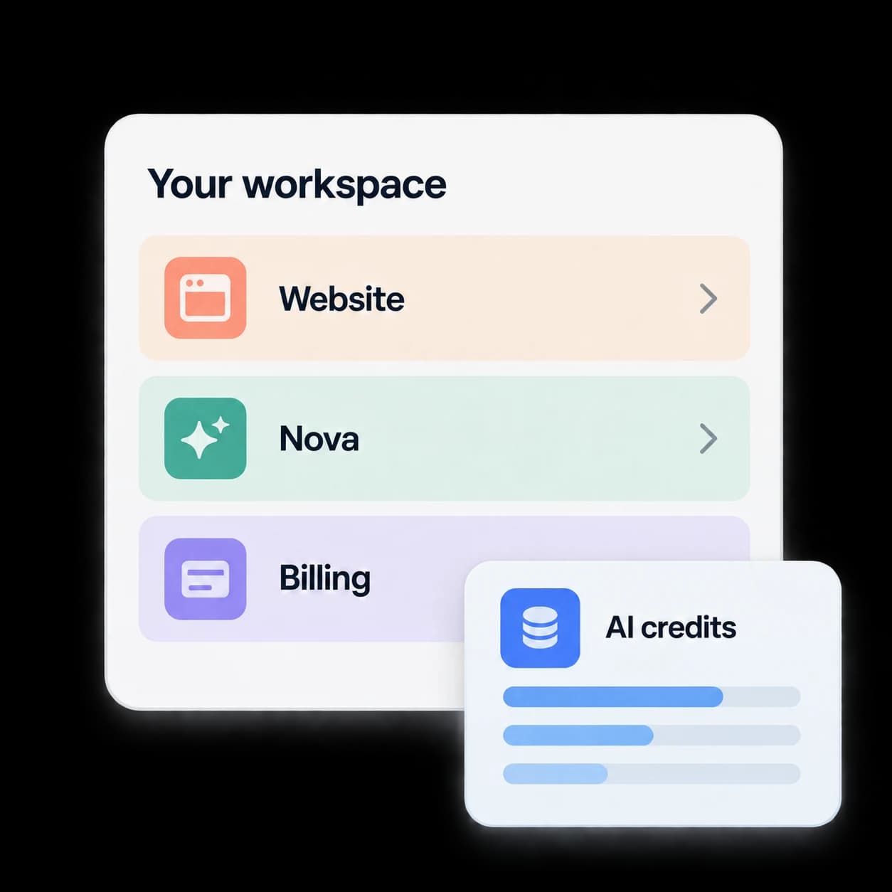 Illustrative Hub workspace navigation with website, Nova, billing, and shared credit controls