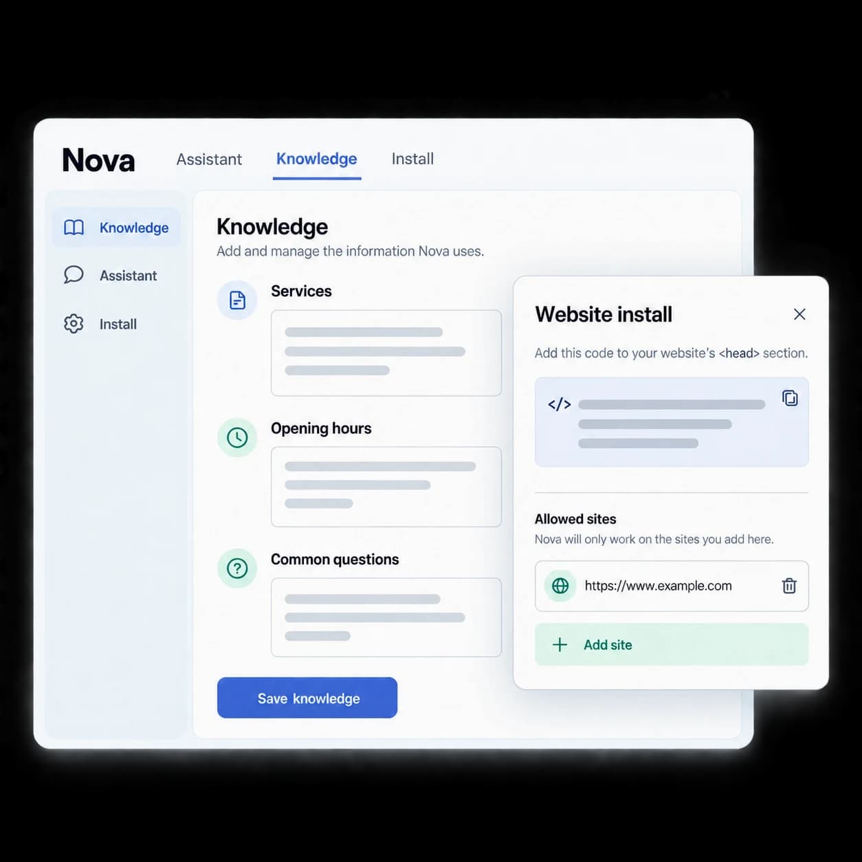 Illustrative Nova business knowledge editor and website installation card
