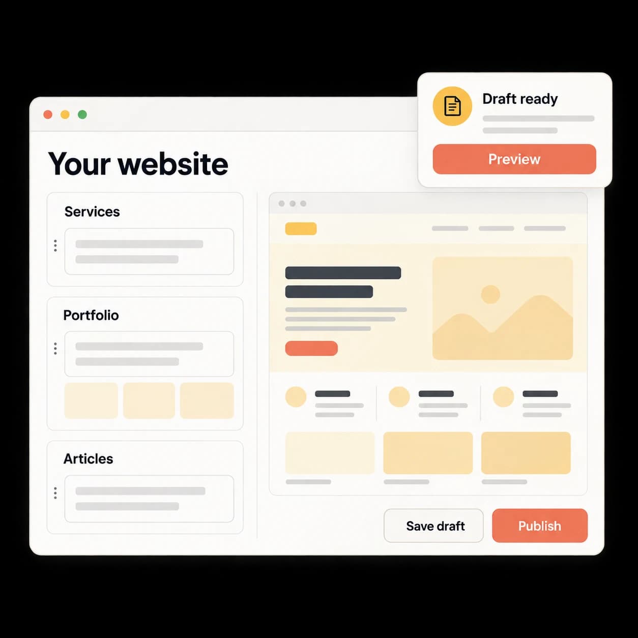 Illustrative website content editor with a draft preview and publishing controls