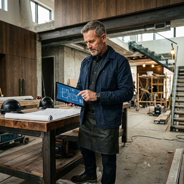 Professional contractor reviewing plans in a modern workspace