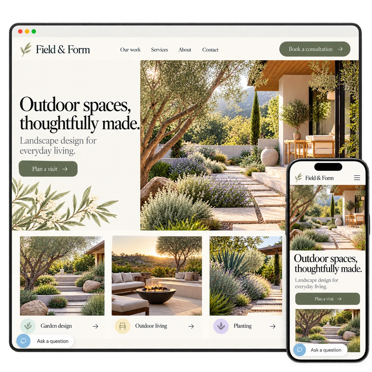 Illustrative garden design website with consultation booking and an inquiry widget