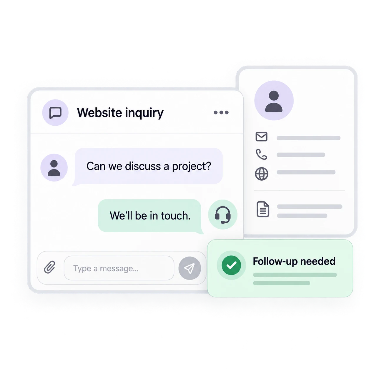 Website inquiry conversation alongside a customer card and follow-up status