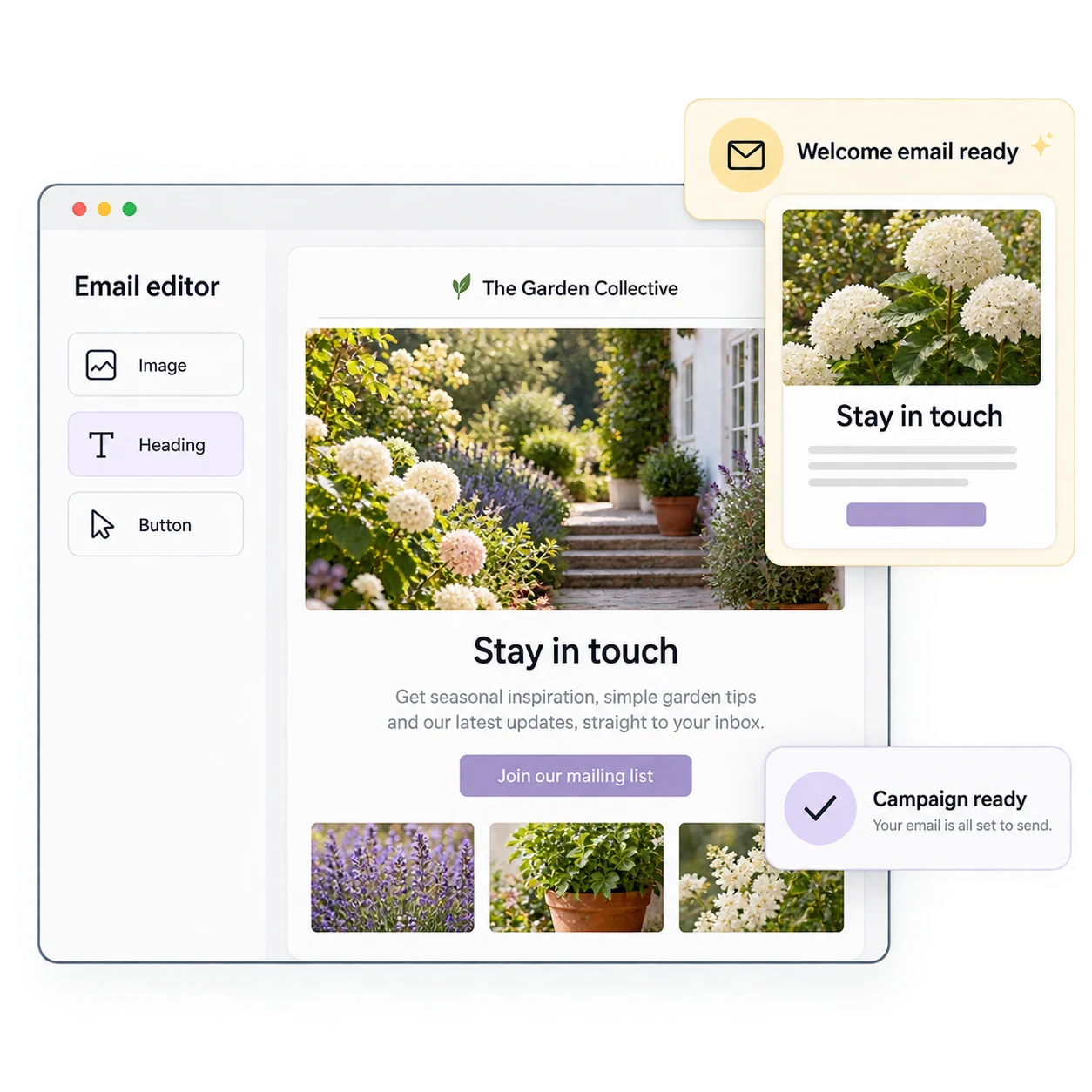 Email editor showing a photographic garden newsletter and campaign status