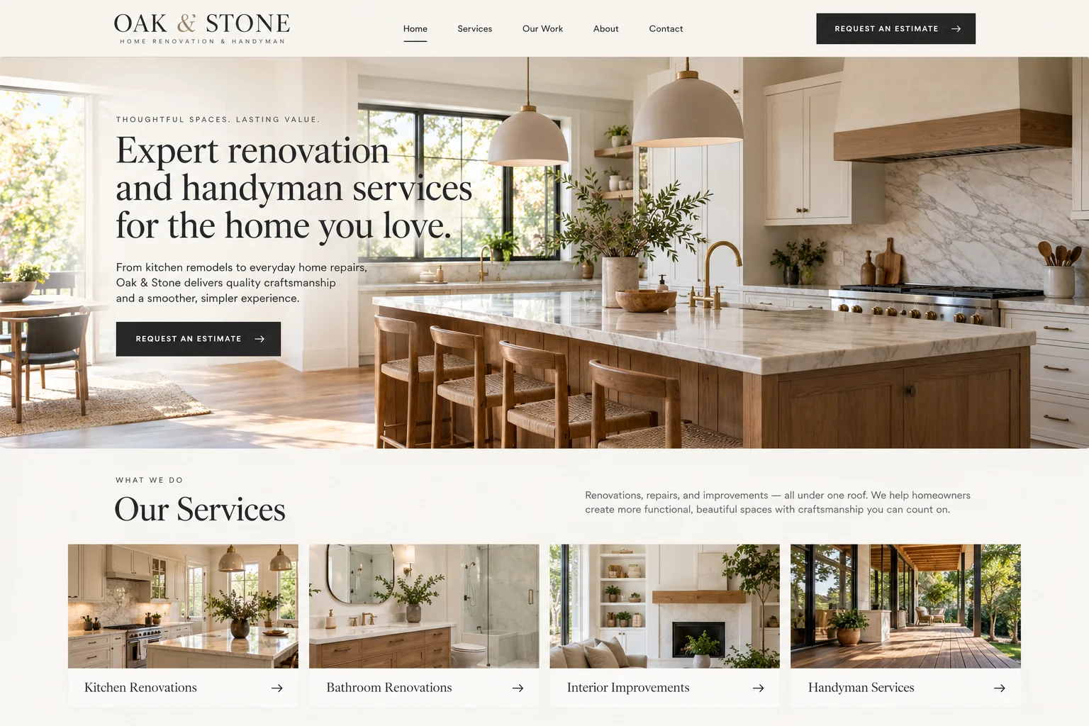 Home services website concept with a photographed kitchen and estimate call to action